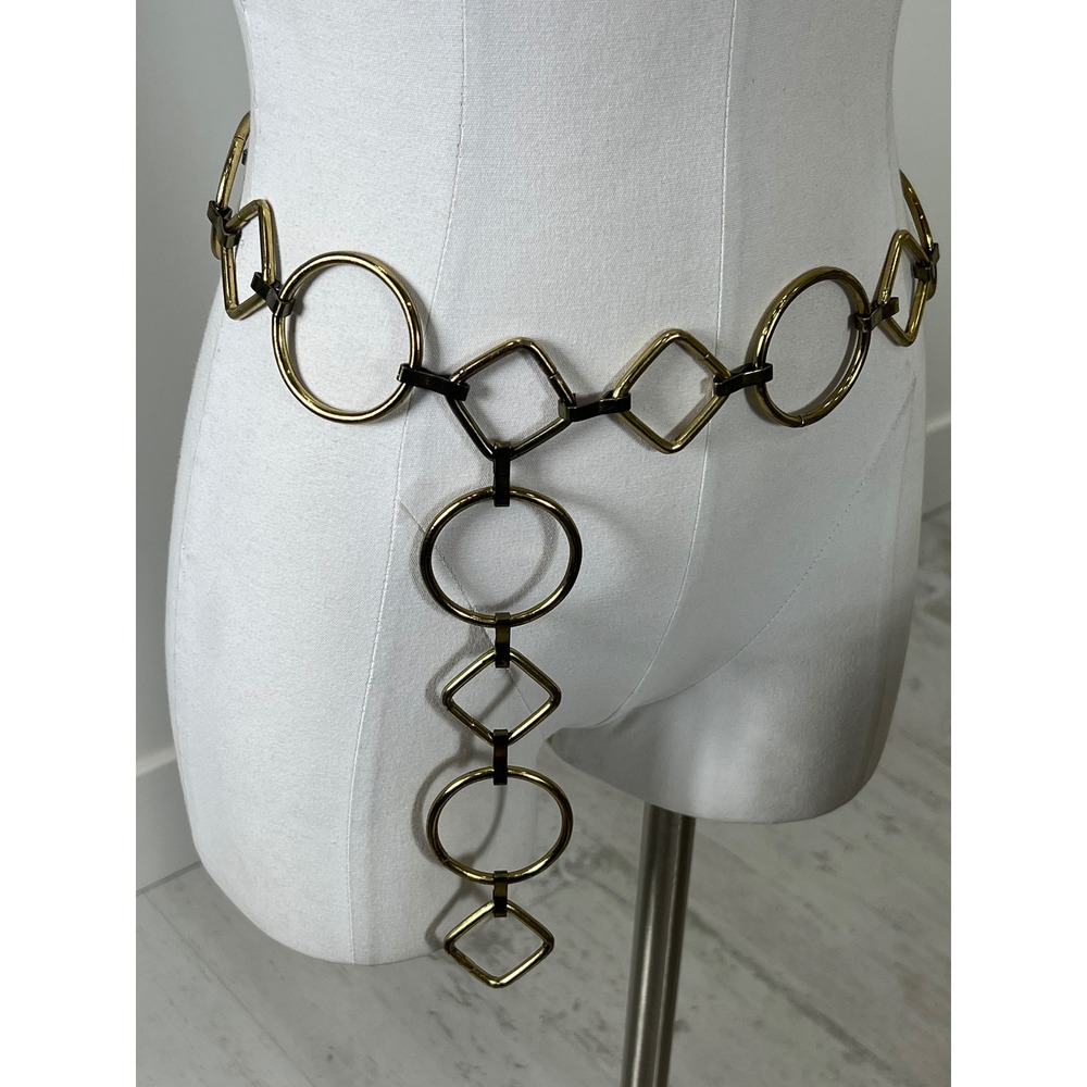 Vintage Gold Tone Geometric Metal Chain Belt Circle Square Links Hook Closure
